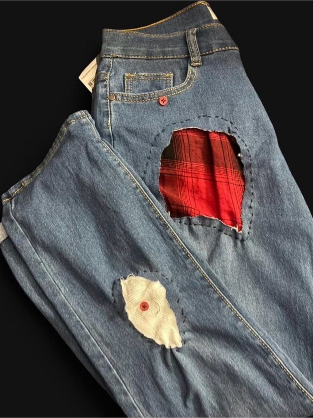 Women’s Blue Denim Jeans with Red Plaid Patch